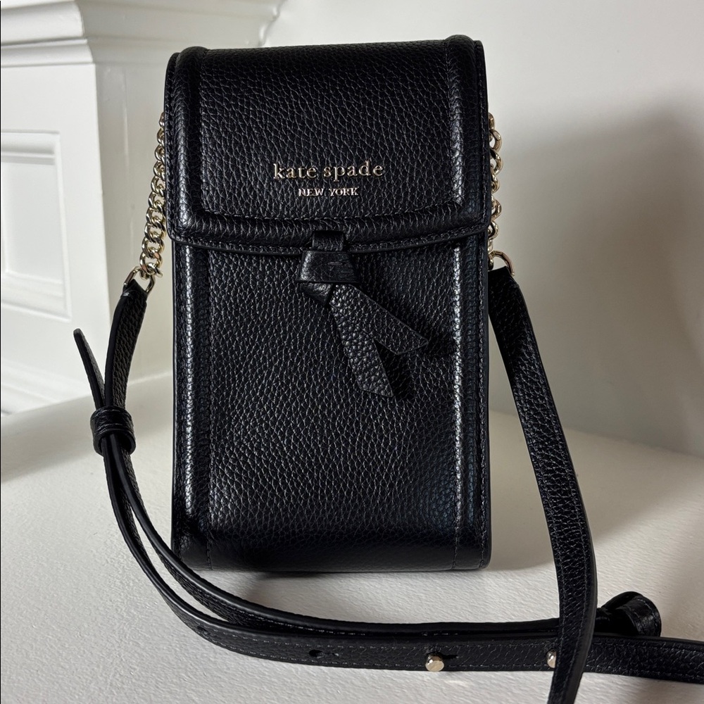NWOT Kate Spade Black Pebbled Leather Crossbody Phone Bag with Gold Chain